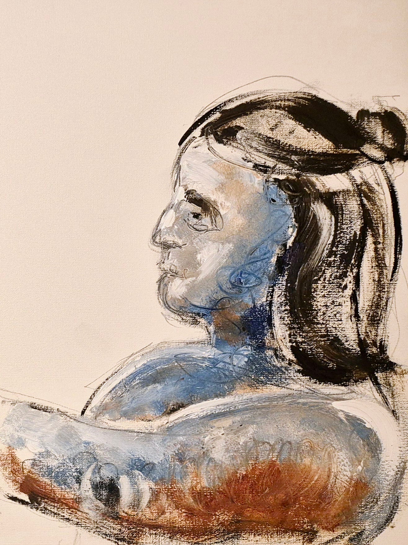 Artistic depiction of a woman's profile with a neutral background