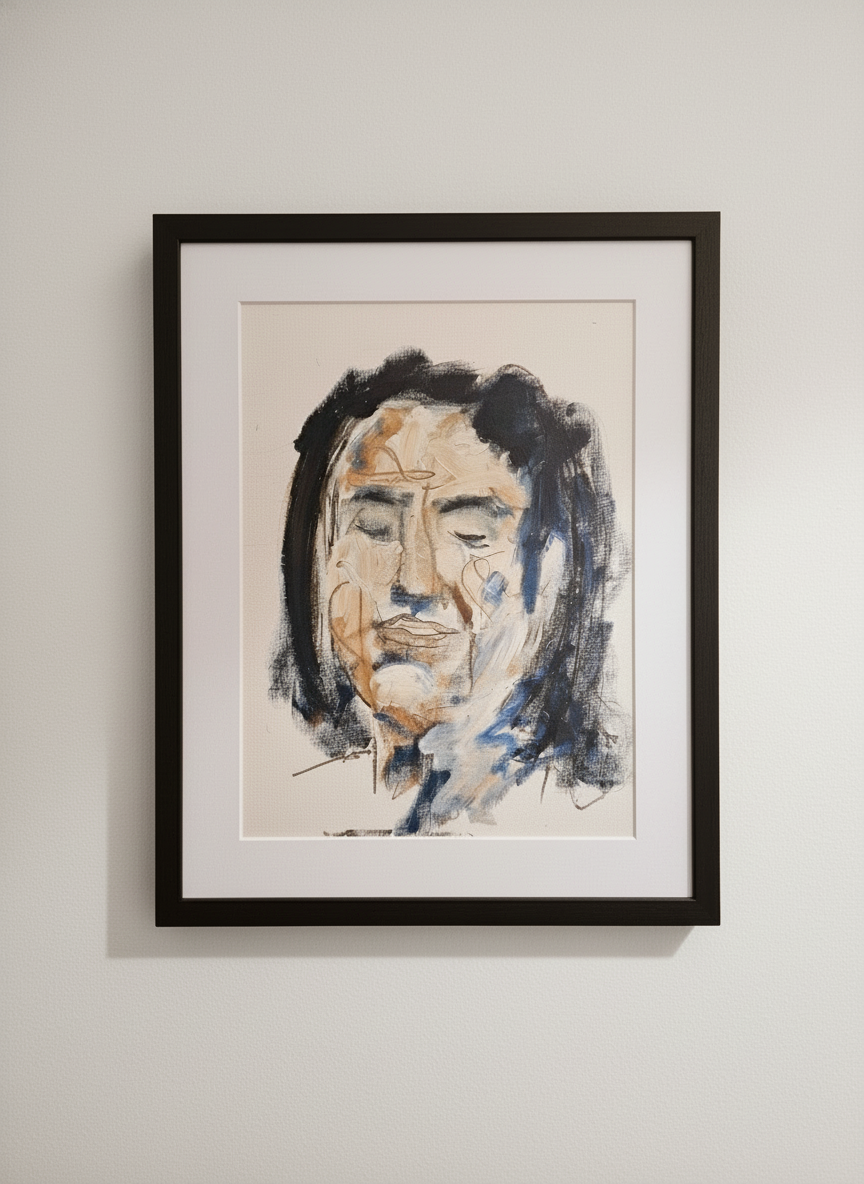 Framed portrait painting of a person on a beige wall
