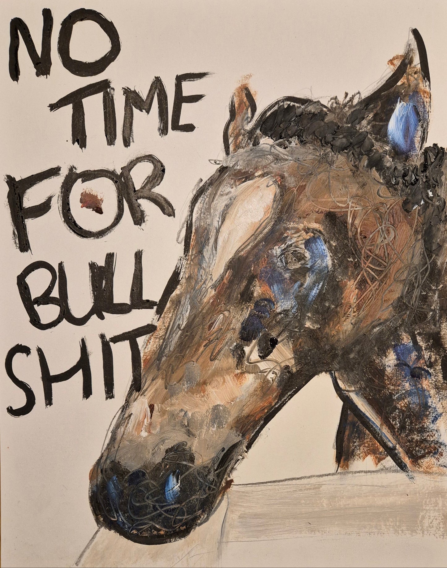 Artistic depiction of a horse's head with text 'NO TIME FOR BULLSHIT' on a beige background