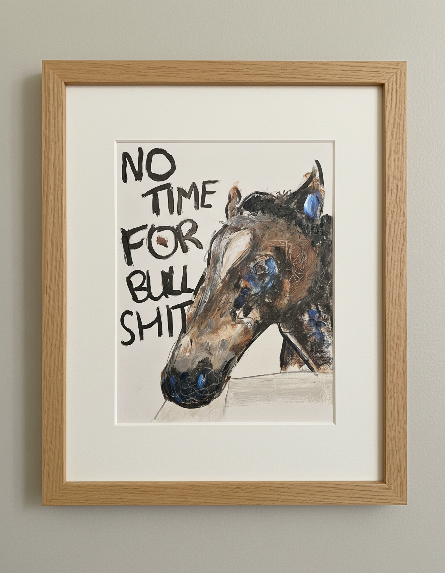 Framed artwork with a horse's head and text 'No Time For Bullshit' on a beige background